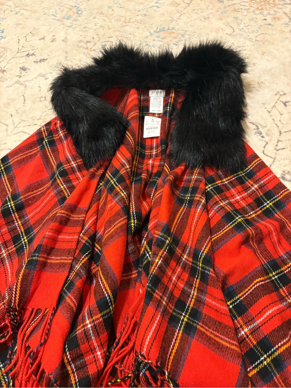 J Crew Sz One Size Womens Red Plaid Faux-fur Cardigan Kimono Cape. New w/ tags